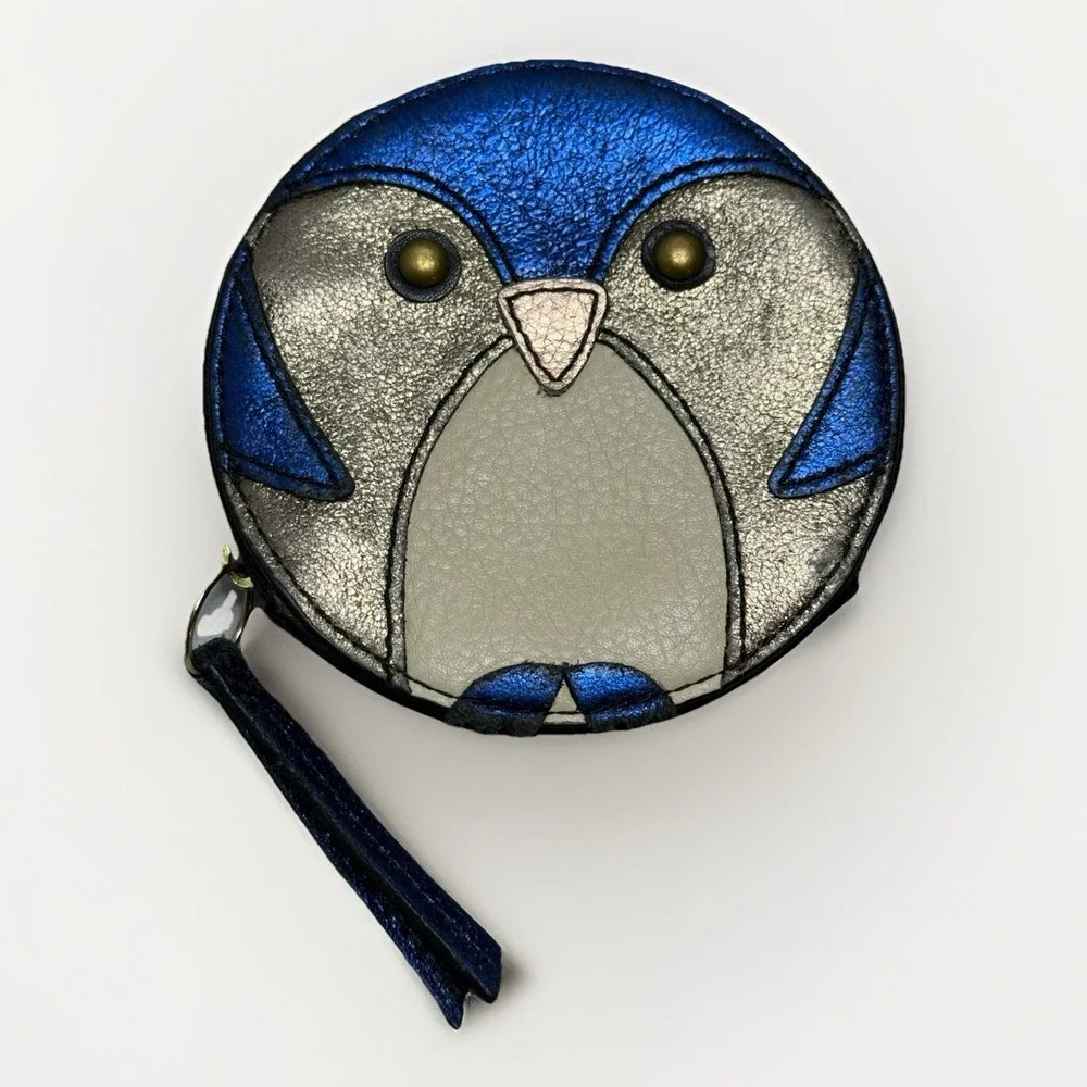 Fossil Penguin Leather Zip Up Coin Purse Wallet Blue Glitter Accessory Unique